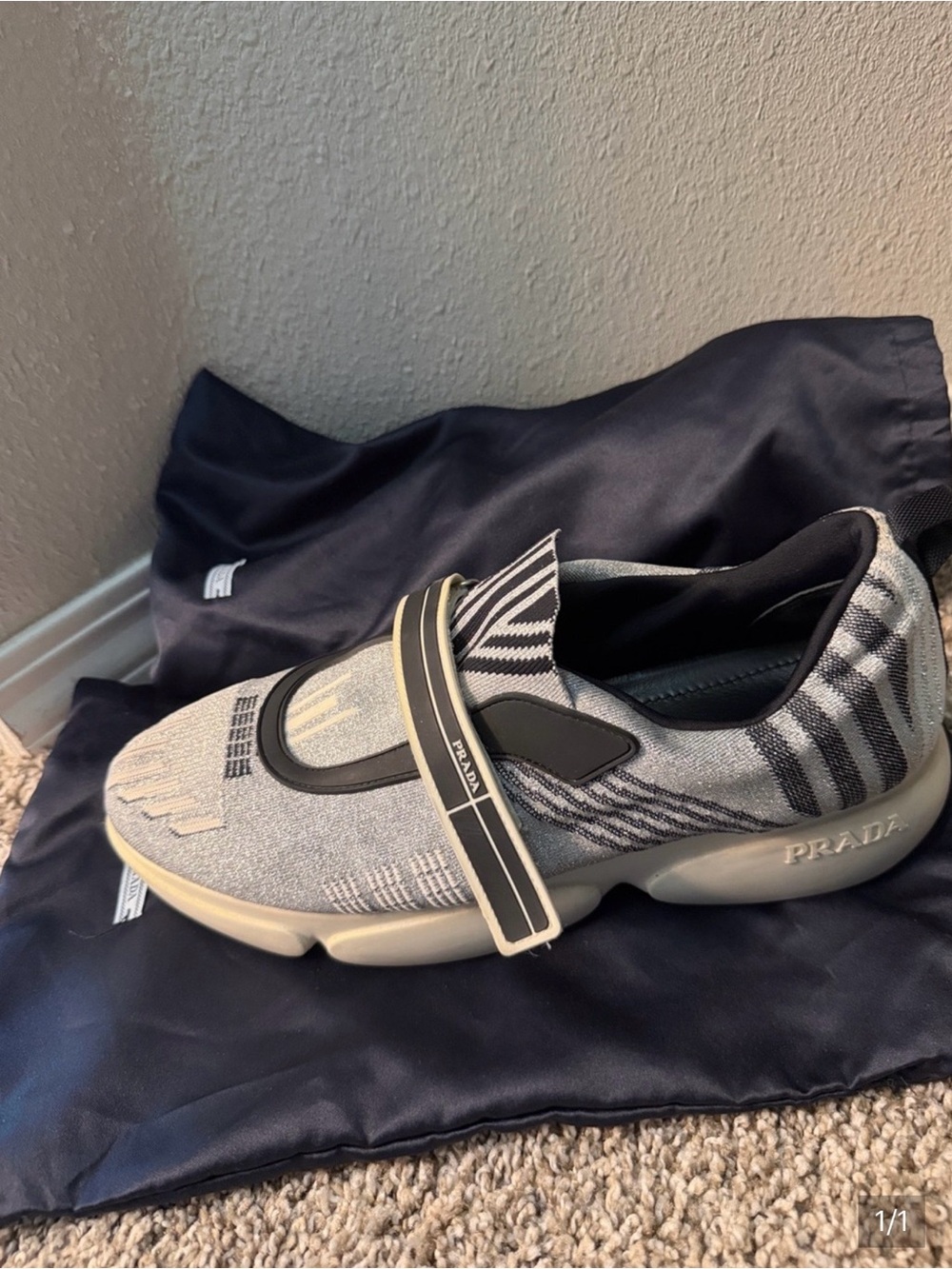 Prada Kids Grey and Black Knit Slip-On Sneaker with Branded Strap